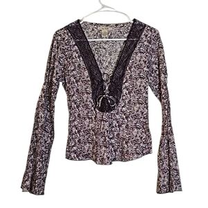 Free People Printed Top Floral Lace Trim Lace Up Smocked Blouse Size M